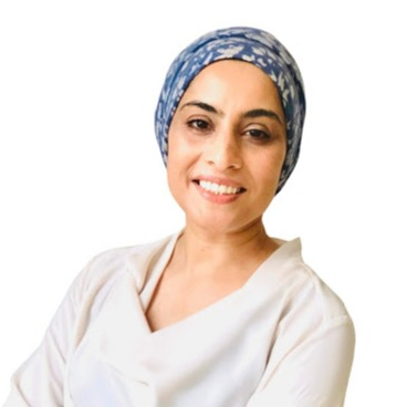 a woman wearing a blue head scarf