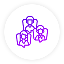 a white circle with a purple logo
